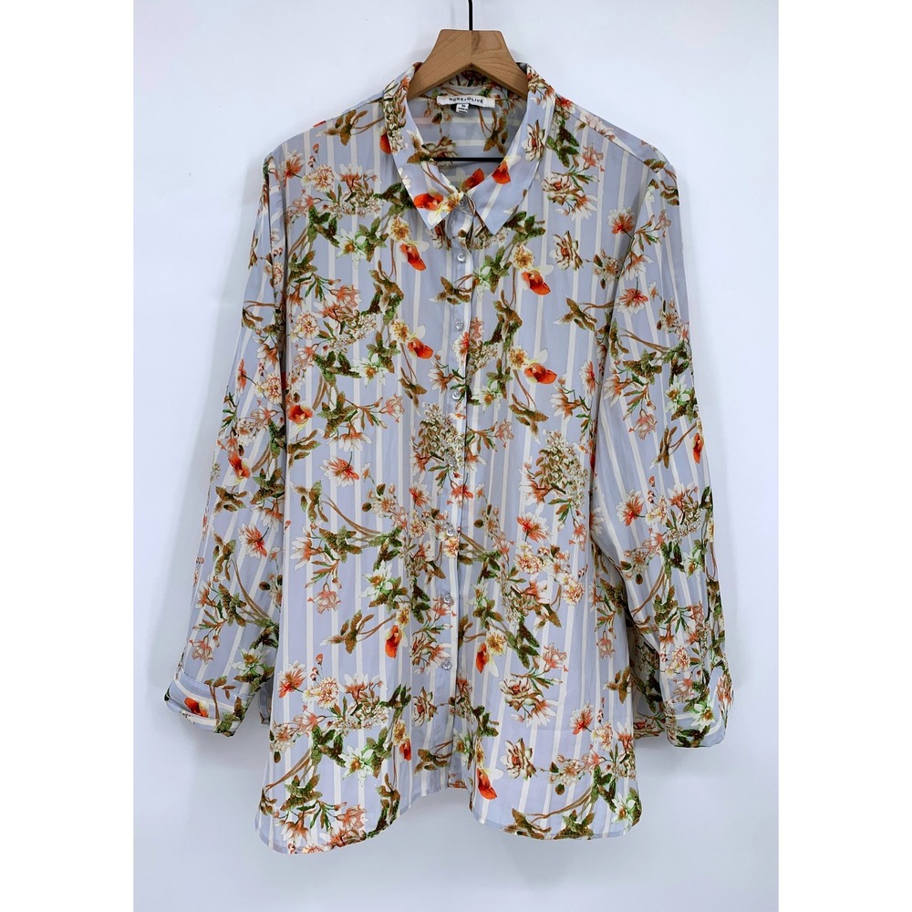 Rose + Olive Shirt Womens 3X Blue Floral Striped Long Sleeve Floral Buttons